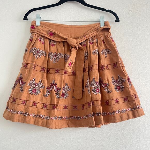 Anthropologie Mini Skirt Women 2 Rust Tan Embroidered A Line Boho Twee Pockets - Picture 1 of 8
